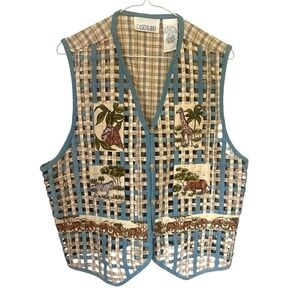 Vintage Open-Stitch Safari Animals Vest XL Cotton Linen Zoo